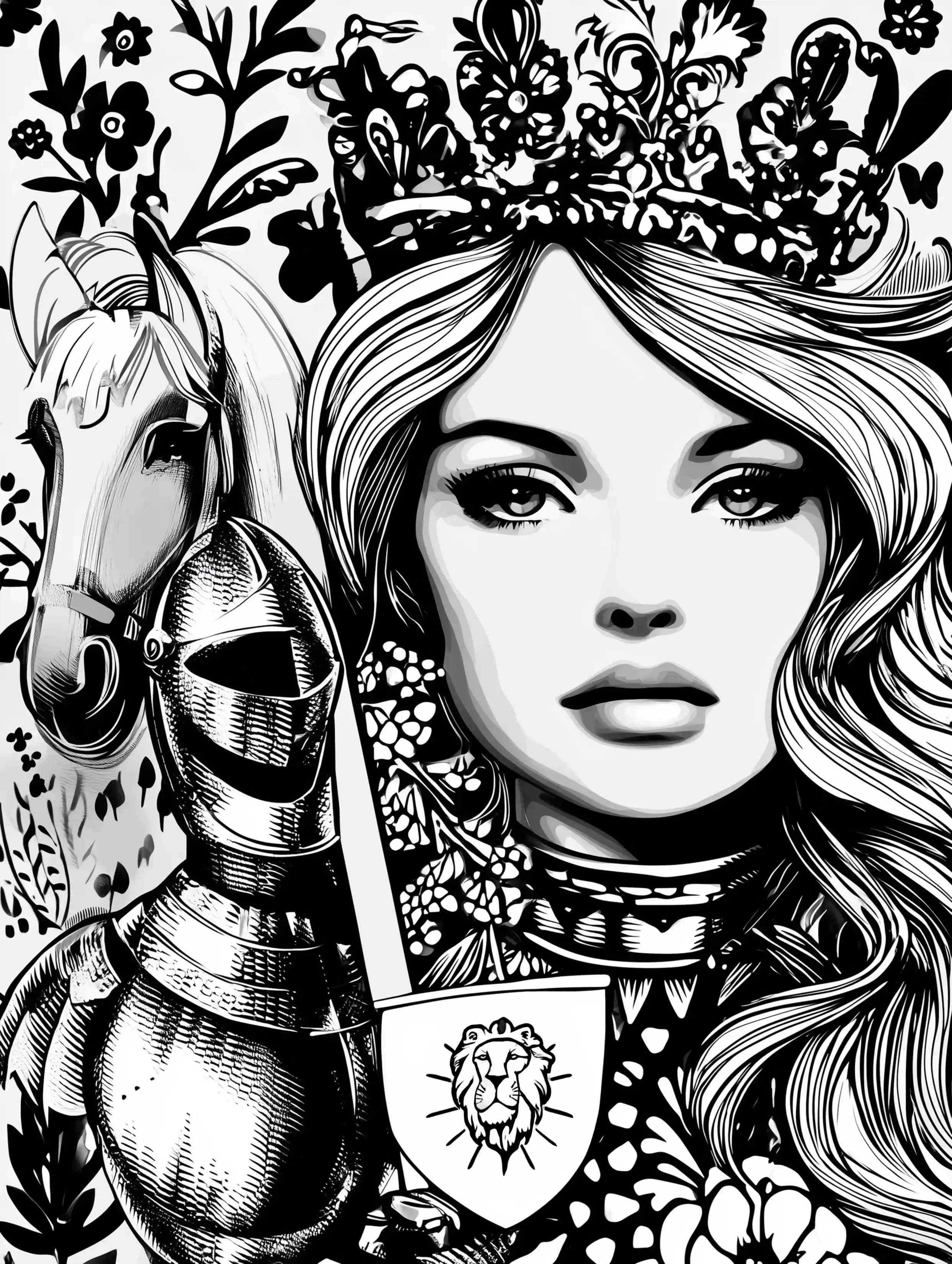 Free printable queen coloring page for adults featuring a queen with a lion sigil and a knight